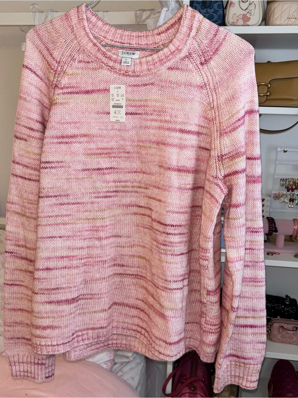 J. Crew Pink Orange Marled Crewneck Sweater with Subtle Stripe Detail